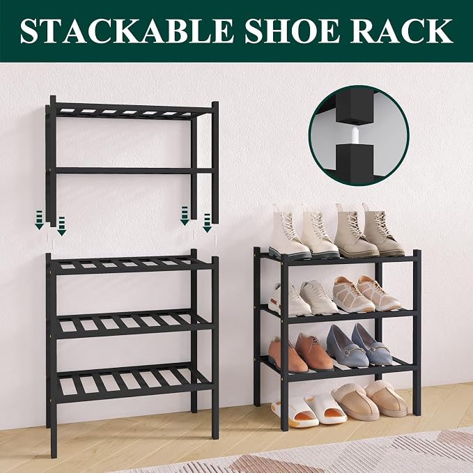 Smiry Bamboo Shoe Rack for Closet, 2 Tier Small Wooden Shoe Organizer, Stackable Wood Shoe Storage Shelf for Entryway, 14 Vertical Slats, One-piece Heavy-Duty Legs, 17.32"x11.02"x12.99", Black