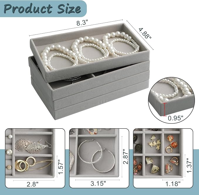 8 Set Jewelry Organizer for Drawer Velvet Jewelry Trays, Jewelry Trays for Drawers Easy To Store Your Jewelry Storage Display Tray for Earring Necklace Rings Bracelet (Grey)