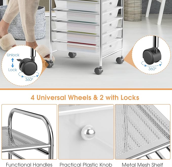 DREAMADE Rolling Cart with 10 Storage Drawers, Utility Cart with Removable Plastic Drawers, Lockable Wheels, Art Cart for Classroom Organization Art Supplies Office Scrapbook Tool Craft (Transparent)