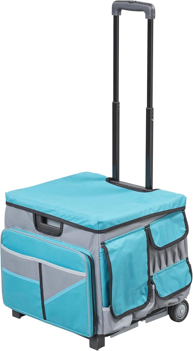 Folding Mobile Utility Cart, Canvas Organizer Bag, Turquoise/Grey | Durable plastic, 30 compartments, adjustable handle, 40 lb capacity, collapses to 3" thick, rolling wheels for easy transport