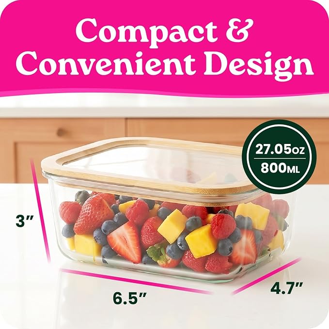 6-Pack Glass Food Storage Containers with Clear-Top Bamboo Lids – Plastic Free 27 Oz Glass Meal Prep Containers for Lunch, Eco Friendly Airtight Food Storage, Microwave & Oven Safe