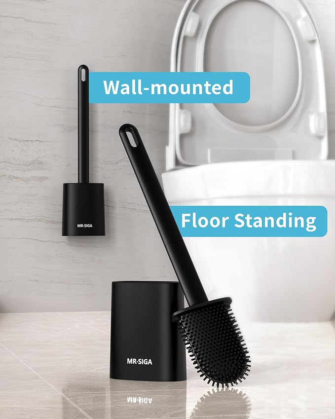MR.SIGA Toilet Brush and Holder Set, Wall Mounted Toilet Bowl Brush, Black | Space saving design, flexible thermoplastic rubber bristles, easily cleans hard to reach areas, pack of 2
