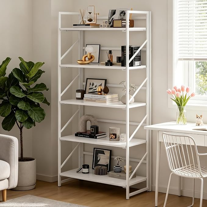 JSB No Assembly Folding Bookshelf, 5 Tier Industrial Metal Book Shelf for Storage, Vintage Wood Foldable Bookcase for Living Room, Bedroom, Office Organization Shelves