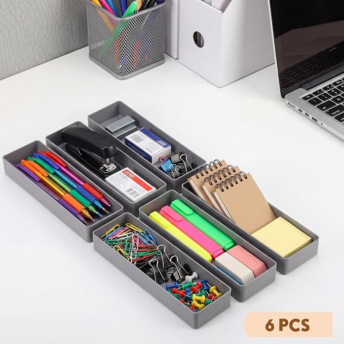 Teling 6 Pcs Grey Large Rectangular Desk Organizer Set, Half Accessory Tray, Plastic Tabletop Organizer for Office, Home, or Study, Dimensions: 9.45 x 2.95 x 1.38 Inches