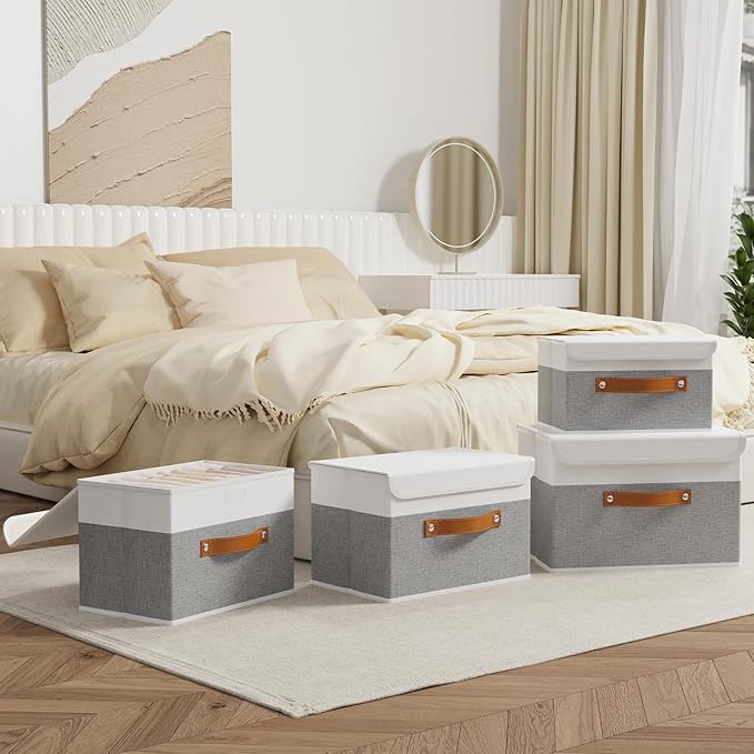 OUTBROS Large Collapsible Storage Basket with Lid, Linen Fabric Containers, Wardrobe Organiser For Towels, Clothes, 13 x 9.1 x 7.9 inch, White/Grey, 5-Pack