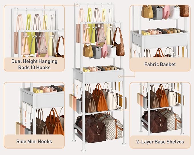 DIMJ Purse Organizer for Closet - Floor-standing Handbag Organizer Rack with 16 Hooks, Purse Storage Shelf Stand for Handbags, Totes, Wallets, Scarves, Bedroom Entryway and Walk-in Closet, White