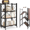 4 Tier Folding Shelf with Wheels, Wood and Metal Bookshelf, no Assembly Foldable Storage Shelves, Vintage Storage Rack for Living Room, Bedroom, and Home Office