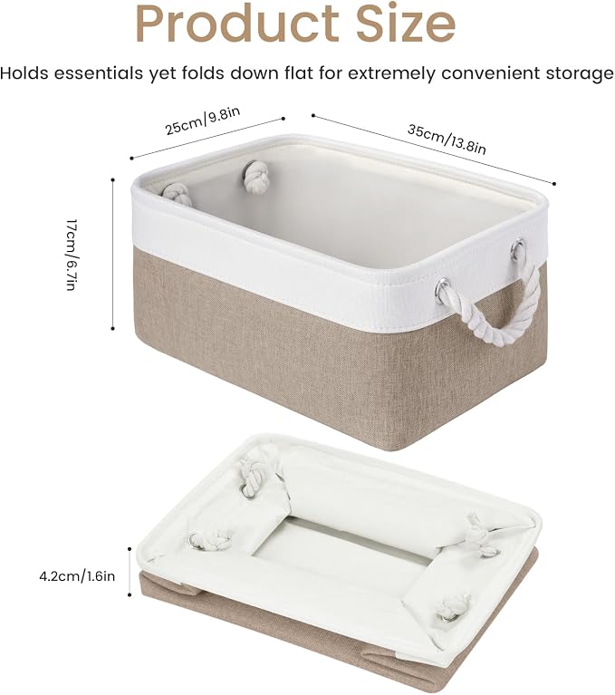 13.8x9.8x6.7 Inch Fabric Small Storage Bins with Handles 3 Pack | Foldable Storage Basket, Sturdy Metal Strand, Cardboard Support Molding, Small Baskets for Organizing, Shelves, White/Khaki