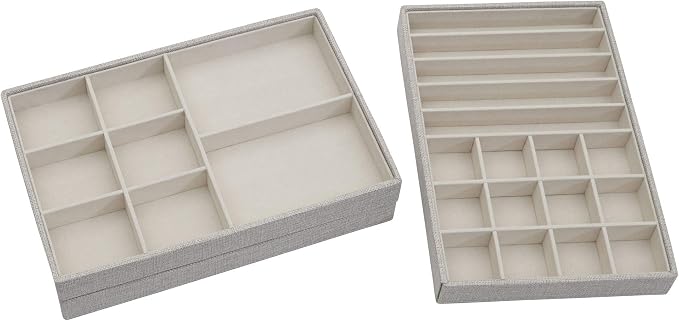 Household Essentials Grey Stacking Jewelry Organizer Box Tray Set with Removable Lid Fabric (744-1)