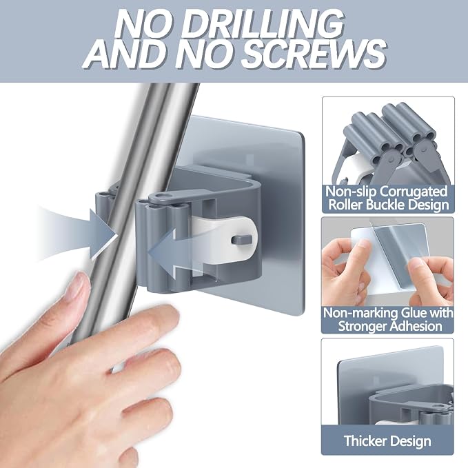3-H 40-Pack Self Adhesive Broom Holder Wall Mount - Heavy Duty No Drill Broom Organizer for Garage Closet Kitchen, Plastic Storage Rack for Brooms Mops Tools, Grey