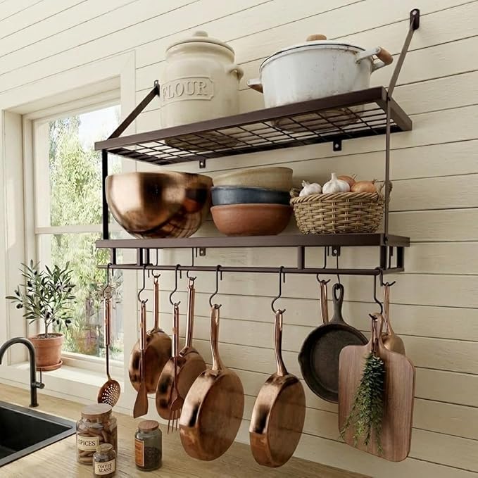 KES 30-Inch Oiled Bronze Pot Rack Wall Mounted, 2-Tier Hanging Pot and Pan Organizer with 12 Sturdy Hooks, Kitchen Wall Hanger Shelves Farmhouse Style, KUR215S75B-OB