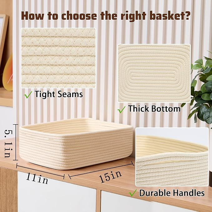 MiniArk Large Shallow Organizing Baskets 15x11x5.1 Inches - Rope Woven Storage Bins for Bathroom, Shelves, Cube Closet, Beige 3 Packs