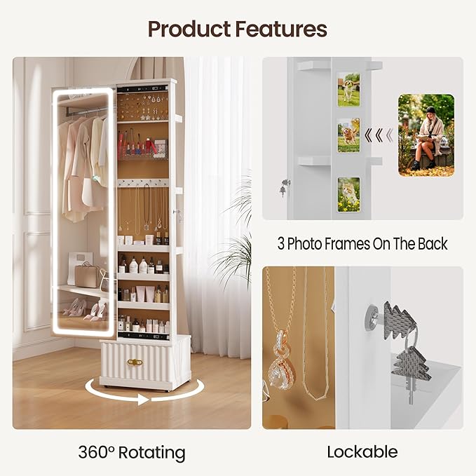 Lvifur Jewelry Cabinet with LED Mirror - Side Sliding Door Jewelry Armoires for Bedroom,Standing Jewelry Organizer with Full Length Mirror&3 Photo Frames&Drawer&Movable Wheels for Cloakroom,White