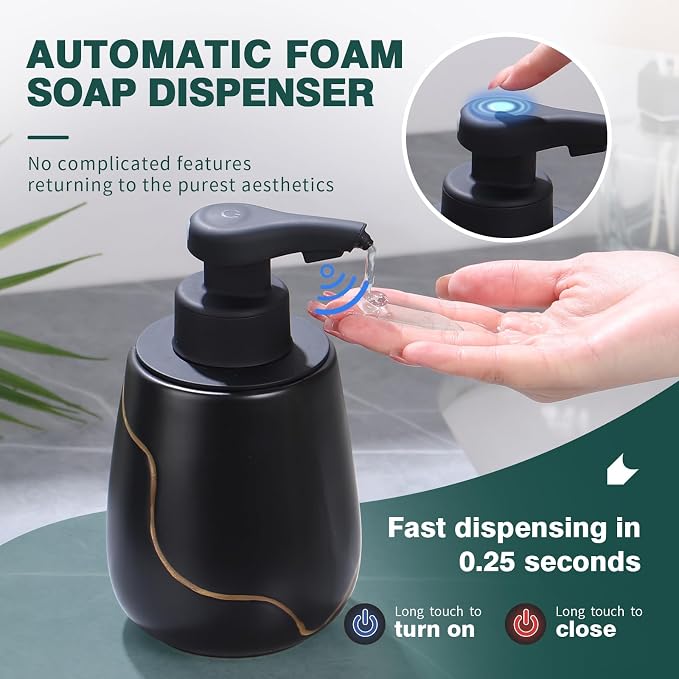 BosilunLife Ceramic Touchless Soap Dispenser Rechargeable Black 17 oz | Black Ceramic Touchless Soap Dispenser Infrared Sensor 0.25s Auto Pump USB-C Rechargeable 1800mAh 17 oz Wide-Mouth Refill