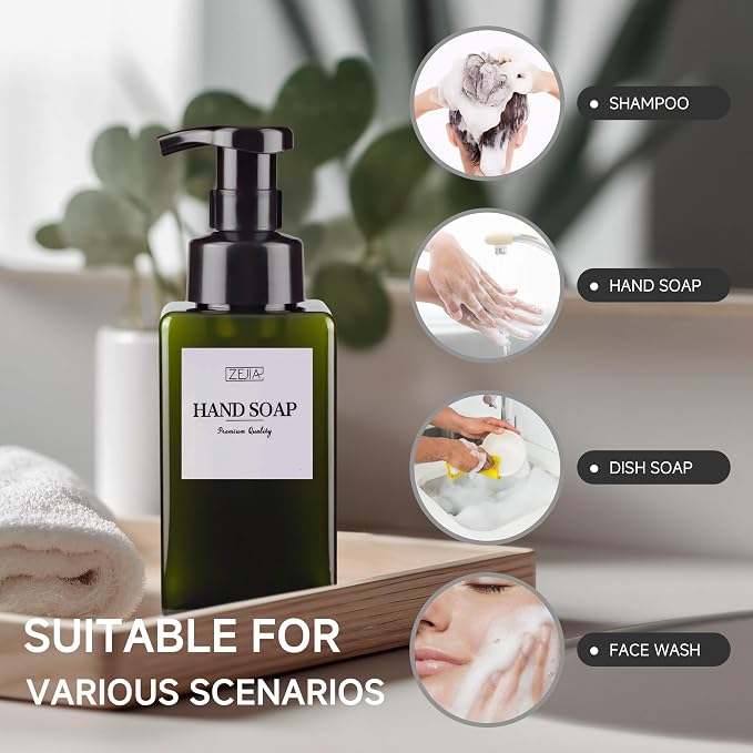 15OZ Foaming Soap Dispenser, 2-Pack Plastic Hand Soap Dispenser, Refillable Leakproof Foam Pump Bottle with Waterproof Labels, for Shampoo, Body Wash