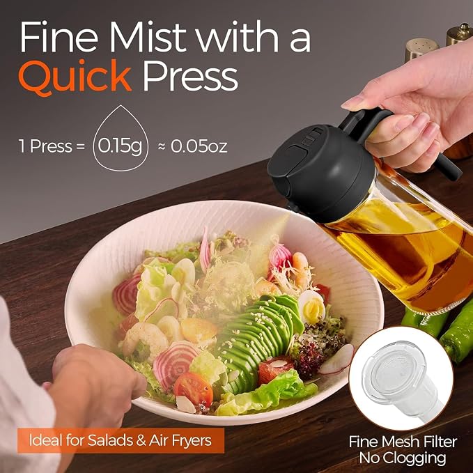 16oz Glass Olive Oil Sprayer for Cooking, 2 in 1 Oil Dispenser, Food Grade Premium Spray Bottle with Portion Control for Salad, Frying, BBQ (Black)