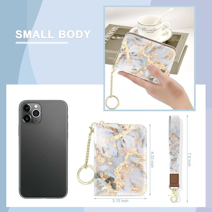 Aiawoxc Credit Card Holder, Small RFID Wallet Slim Leather Card Organizer Case with Zipper and Wristlet Strap, Grey Marble