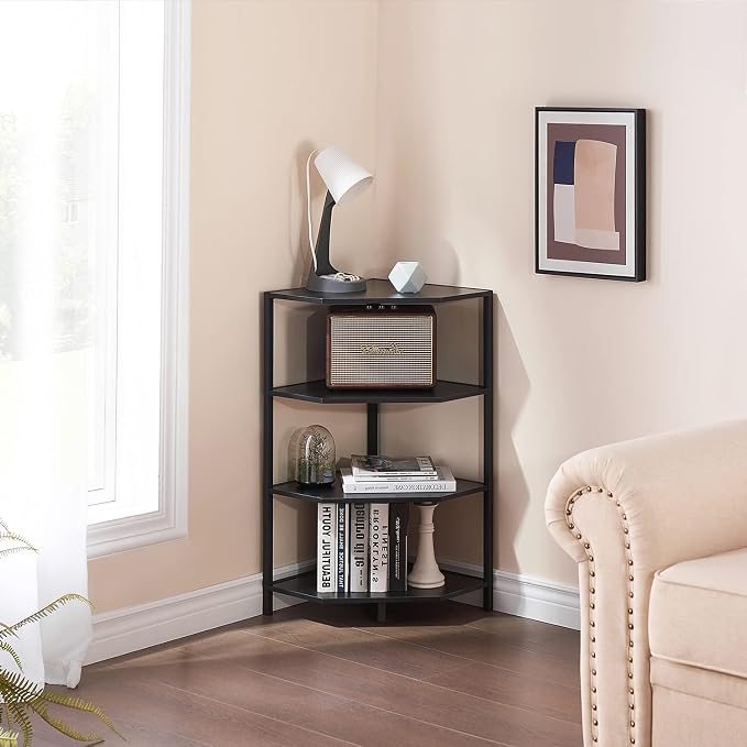 VECELO 31 Inch Corner Shelf, 4-Tier Display Shelves, Wood Storage Stand with Metal Frame, Multipurpose Shelving Unit for Small Space, Home Office, Black