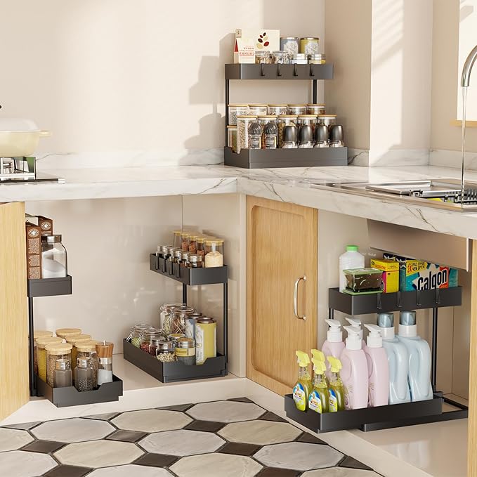 Simple Trending Multi-Purpose Pull-Out Storage Organizers, 2 Tier Under Sink Organizer, Stackable Cabinet Drawers Bins for Kitchen, Bathroom, Closet, Black, 2 Packs