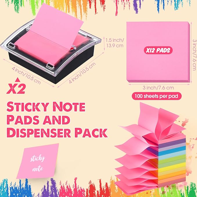 Thenshop 12 Pad Pop up Sticky Notes with 2 Pack Pop up Note Dispenser Note Holder Black Base Clear Top Self Stick Memo Pads Blank Adhesive Notes 3x3 Refills, 100 Sheet/pad(Assorted Colors)
