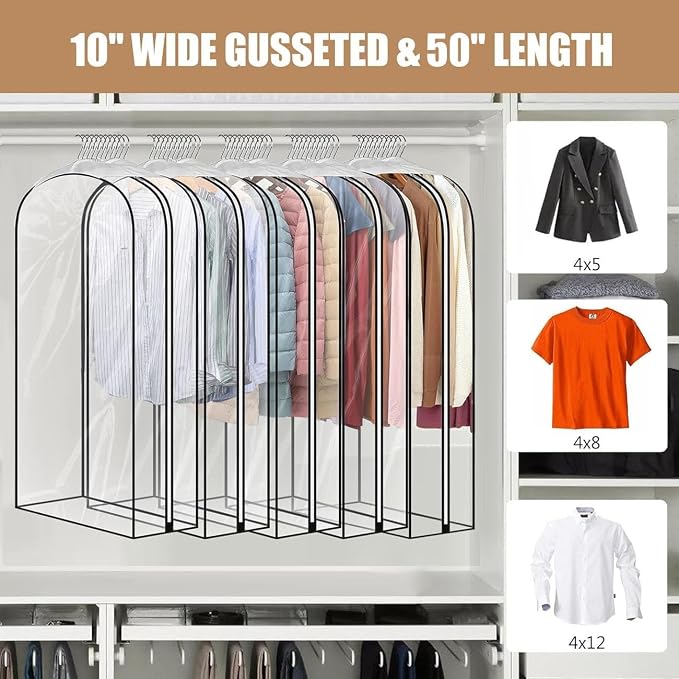 5 Pack 50" All Clear Garment Bags for Hanging Clothes Storage, 10" Gusseted Large Capacity Garment Rack Cover, Large Hanging Clothing Bag for Dress Gowns, Coats, Suit, Down Jacket
