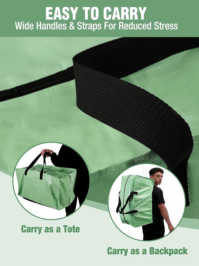 WORKPRO 2 Pack Extra Large Moving Bags with Zippers & Carrying Handles Backpack Straps, Heavy-Duty Storage Tote for Space Saving & Storage, Alternative to Moving Box (Green)