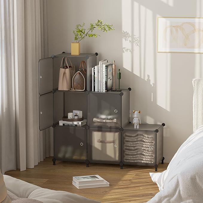 6-Cube Storage Unit with Doors, Cube Organizer for Bedroom, Wardrobe & Under Stairs, 30x30x30cm Compartments, Space-Saving Closet Storage, Grey ATTSL6004