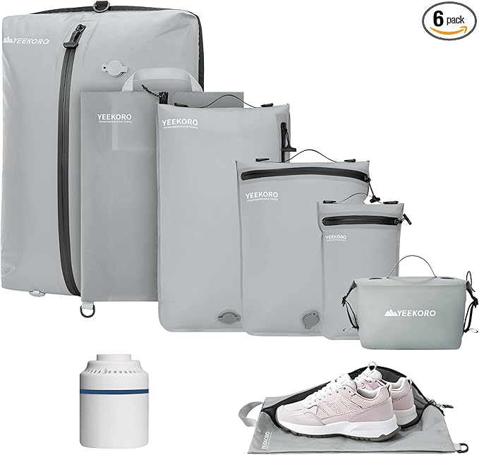 6 Set Vacuum Bags for Travel, Professional IPX8 Reusable Organizer, Compression Packing cube for Suitcases, Durable Seal Space Saver Bags -Traveling/Skiing Essentials (with Pump)