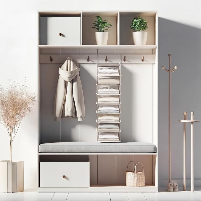 Tudomro 8 Shelf Hanging Closet Organizer Cotton Canvas Storage Shelves with Metal Hooks for Rod Wire Foldable Breathable Beige 28" L x 8" D x 11.5" H Closets for Sweaters and Clothing