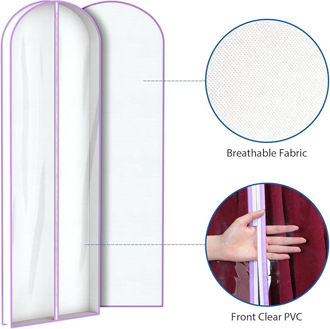 Zilink 72” Clear Garment Bags for Long Dresses Wedding Dress Bags for Gowns Long with 3" Gussted Dress Storage Bags Hanging for Long Evening Dresses, Winter Fur Coat, Prom Dresses, 4-Pack