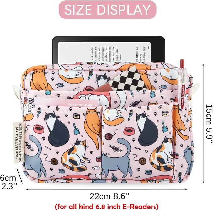 Multiple Pockets Portfolio Organizer with Zippered,Storage Pencil Pouch Bag | Waterproof Travel Toiletry Bag,Portable Pencil Pouch for Notebooks,Stationeries,Make-up,Journal Office Art Supplies,Pink Cat
