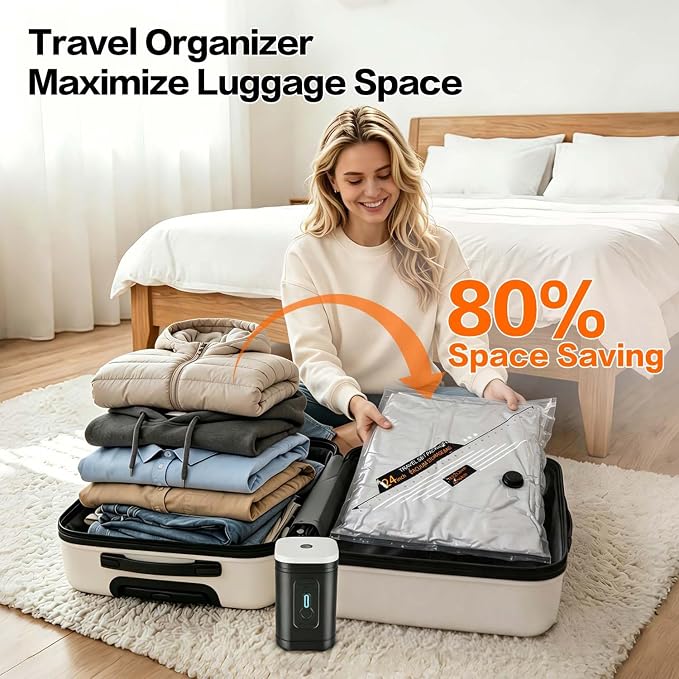 Rechargeable Wireless Pump Travel Storage Bags Set - 15 Pack Portable Space Saver Bags for Travel & Home - Vacuum Compression Packing Seal for Clothes, Blankets, Seasonal Storage