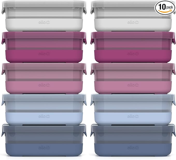 Ello Plastic 3.7 Cup Meal Prep Set 10 Pc, BPA Free Plastic Food Storage Container with Silicone Boot and Airtight Lids, Dishwasher, Microwave, and Freezer Safe, Elderberry (Pack of 2)