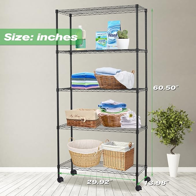 HCY 5-Tier Shelving Unit Storage Shelves with Wheels Heavy Duty Metal Rack NSF Height Adjustable for Laundry Bathroom Kitchen Garage Pantry Organization -60inx30inx14in(Black)
