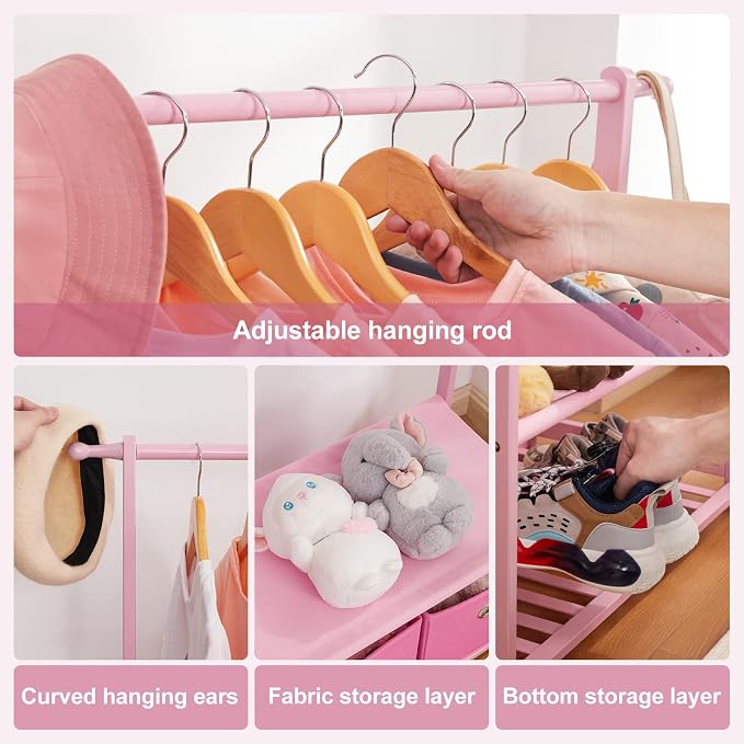 Bamboo Kids Clothing Rack: Holds Up To 121 Lbs of Dress-Up Clothes | 2 Adjustable Hanging Rods & 2 Storage Baskets With Shelf. Child Garment Holder for Playroom & Toddler Bedroom (Pink)
