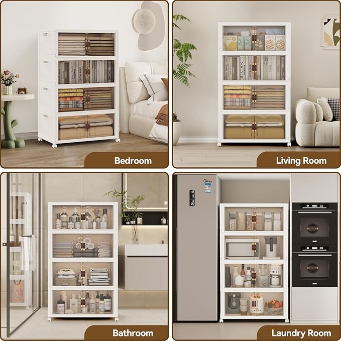 SAILUN 674QT/168Gal Stackable Storage Bins with a Lid, Collapsible Storage Bins With Doors, Folding Cabinet for Home Closet Organization,4 Pack-30 W x 19.7" D x 65.9" H White