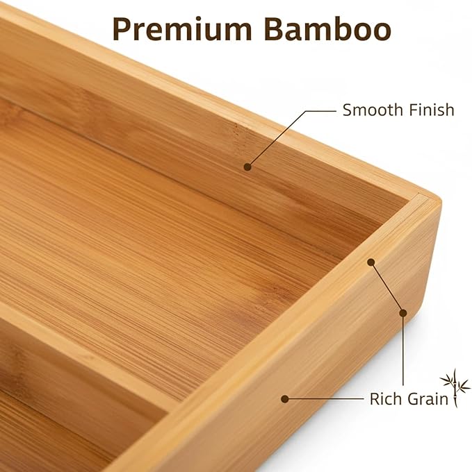 Bamboo Drawer Organizer - Kitchen Utensil Holder, 5 Slots Silverware Drawer Organization, Kitchen Wooden Tray for Cutlery, Flatware & Stationery - Natural