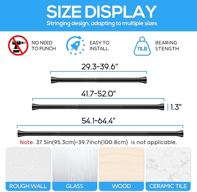 Tension Curtain Rod Black 4PCS Tension Rods for Windows 30 to 64 Inch Spring Curtain Rod Adjustable Tension Rod Tension Curtain Rod of Bathroom Window Curtain Rod Closet rod Kitchen rod Wardrobe
