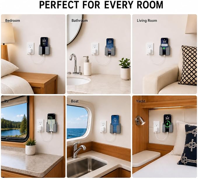 2 Pack Wall Phone Holder, Adhesive Phone Wall Mount with Cable Hole, Bathroom Bedside Kitchen RV Phone Holder Compatible with iPhone, Android Phones and Remote Controls (Gray)