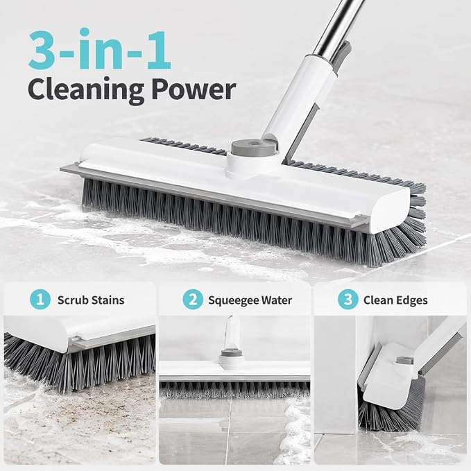 Floor Scrub Brush with 50-Inch Handle, Squeegee and Stiff Bristles | Stiff PVC bristles, 30/40/50-in stainless steel handle, 360° locking head and squeegee for tile, tubs and patios.