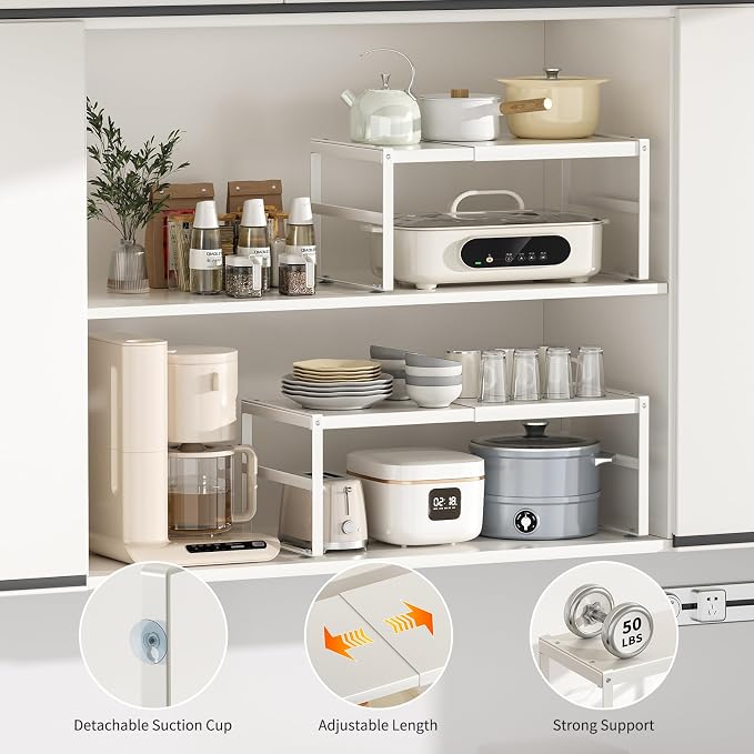 Expandable Kitchen Organizer Shelf, Cabinet Countertop Shelves | Metal Pantry Organizer Spice Rack Storage Shelves, For RV, Kitchen, Pantry, Cupboards, Under Sink and Counter Storage, Office