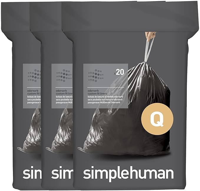 simplehuman Code Q 60 Count, Genuine Odorsorb Custom Fit Liners, Drawstring Odor Absorbing Trash Bags in Dispenser Packs, 50-65 Liter / 13-17 Gallon