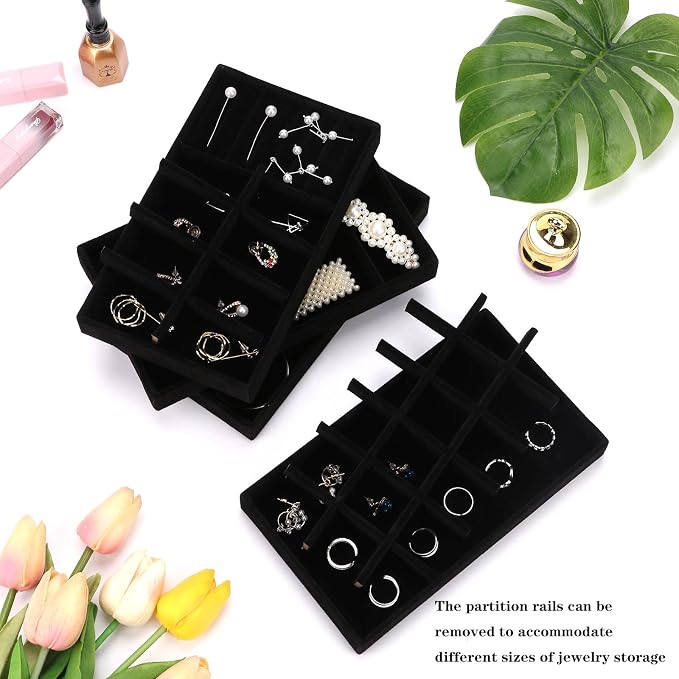 Stackable Jewelry Organizer Trays for Drawer, Set of 4 Velvet Jewelry Drawer Inserts in Dresser, 8in Storage Display Case for Rings Stud Necklaces Accessories(Black)