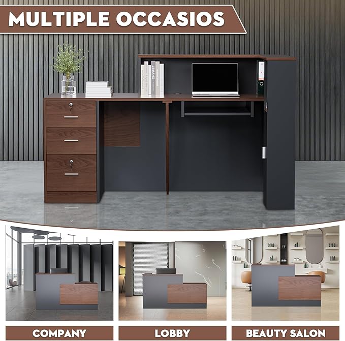 L-Shaped Large Wooden Reception Desk, Modern Front Desk Reception Counter with Lockable Drawers, Storage & Keyboard Tray for Office Lobby Checkout (Right-Brown + Black, 71''L x 34''W x 41''H)