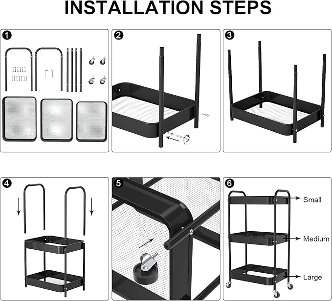 3-Tier Rolling Cart, Metal Utility Storage Carts with Wheels, Black | Multi-Functional Organizer Snack Cart Easy Assembly