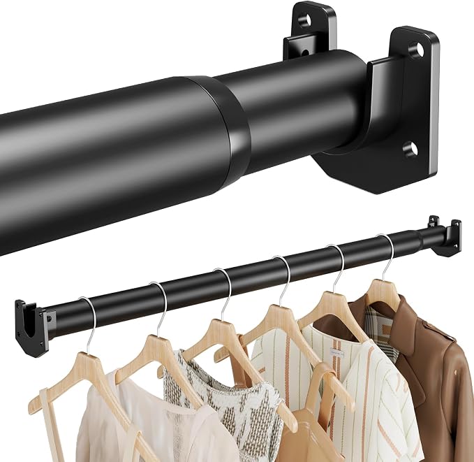 Closet Rods for Hanging Clothes, 17-70 Inch Stepless Adjustable Closet Rod, 1.3 Inch Heavy Duty Metal Clothes Hanging Rod, Expandable Closet Bar Hanger Rod Black for Closet Wardrobes Laundry RV