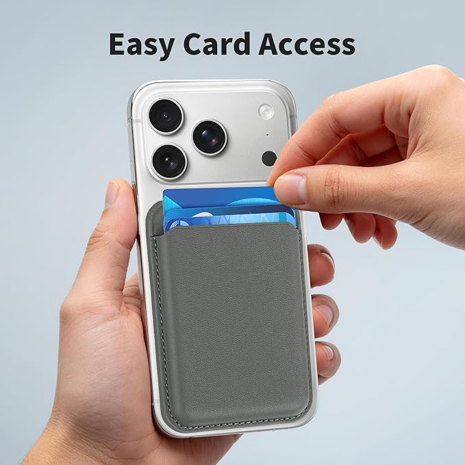 Magnetic Wallet Phone Card Holder for Phone Case with Mag-Safe, Stronger Magnetic RFID Leather Phone Wallet Stick on Series of iPhone 17/16/15/14/13/12 and Pro/Promax, Smoky Gray