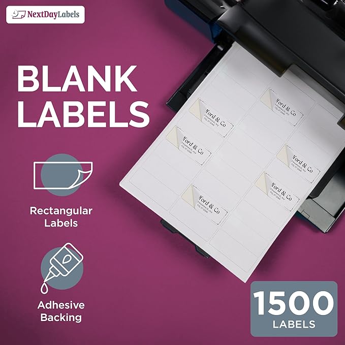 NextDayLabels 2.63x1 Inch Rectangle Stickers White Blank Labels for Laser Inkjet Printer - 30 Per Sheet Self-Adhesive Address Mailing Name Tags Made in USA - 3000 Labels