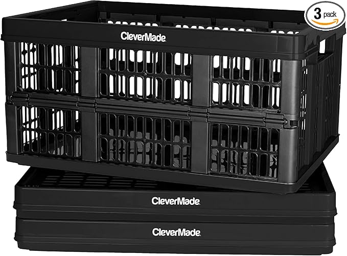 CleverMade Collapsible Utility Crates 45L (3 Pack) – Foldable Plastic Crates with Heavy Duty 66 lb Capacity, Collapsible Crates for Storage, Trunk Organization, Moving - Obsidian