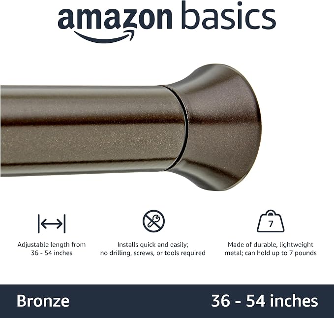Amazon Basics No Drill Spring Tension Curtain Rod, Adjustable 36-54" Width, Bronze, Classic Finial